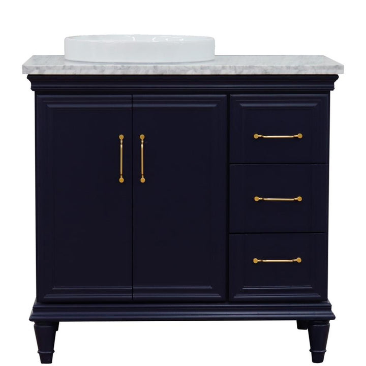 Bellaterra Forli 37" Single Vanity, Blue, White Carrara Marble Top/Round Sink, Left Door/Left Sink