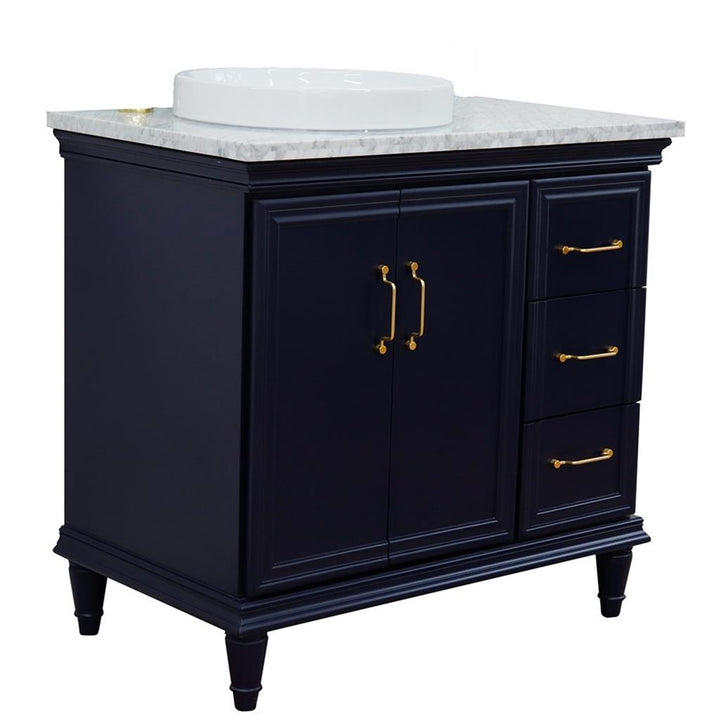 Bellaterra Forli 37" Single Vanity, Blue, White Carrara Marble Top/Round Sink, Left Door/Left Sink