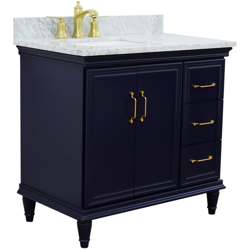 Bellaterra Forli 37" Single Vanity, Blue, White Carrara Marble Top/Rectangle Sink, Left Door/Left Sink