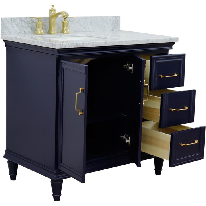 Bellaterra Forli 37" Single Vanity, Blue, White Carrara Marble Top/Rectangle Sink, Left Door/Left Sink