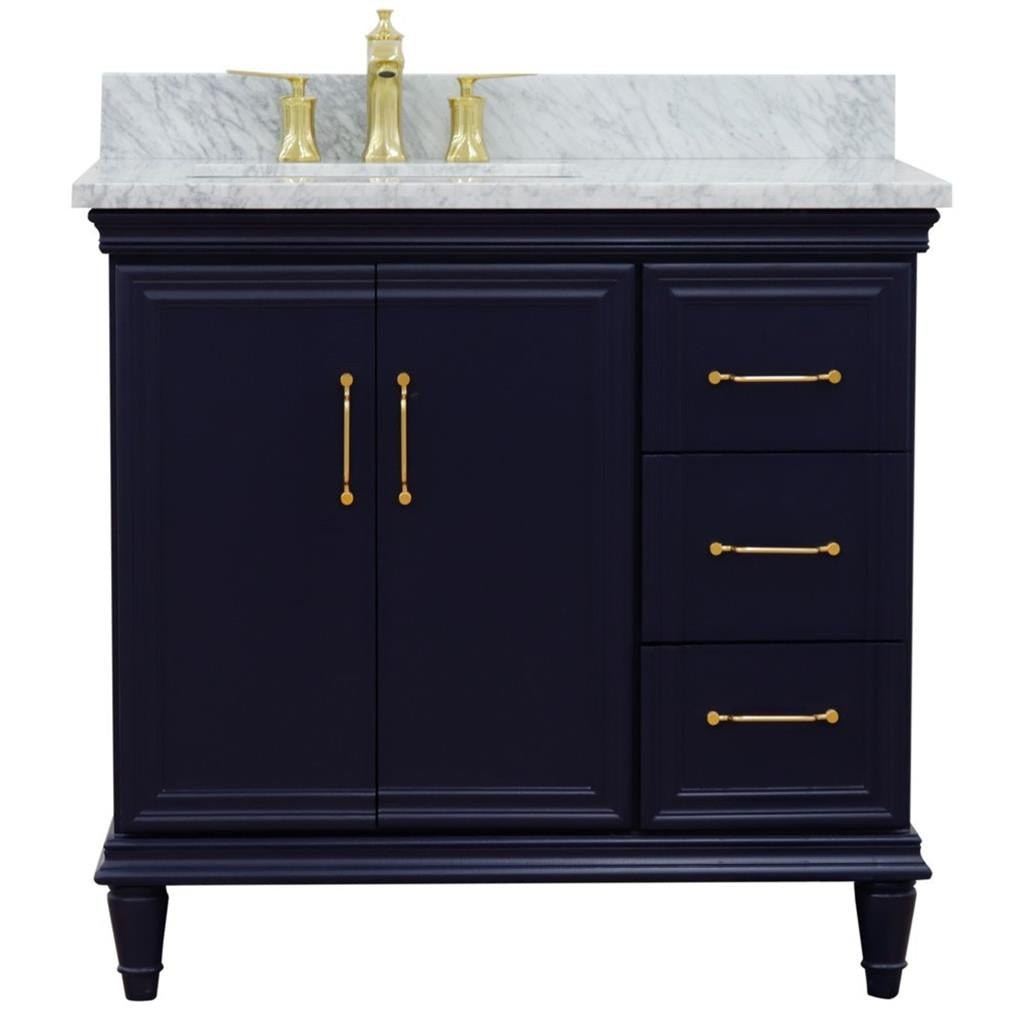 Bellaterra Forli 37" Single Vanity, Blue, White Carrara Marble Top/Rectangle Sink, Left Door/Left Sink