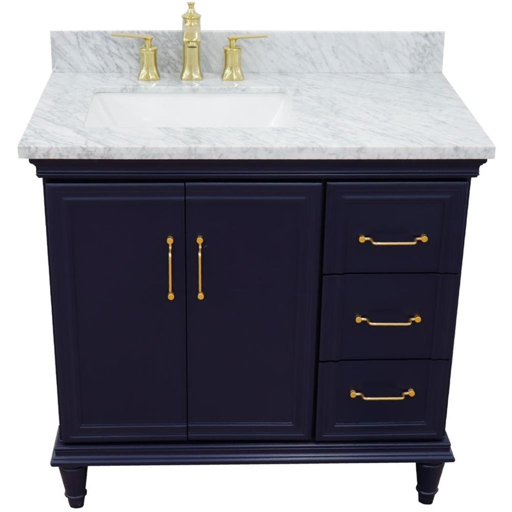 Bellaterra Forli 37" Single Vanity, Blue, White Carrara Marble Top/Rectangle Sink, Left Door/Left Sink