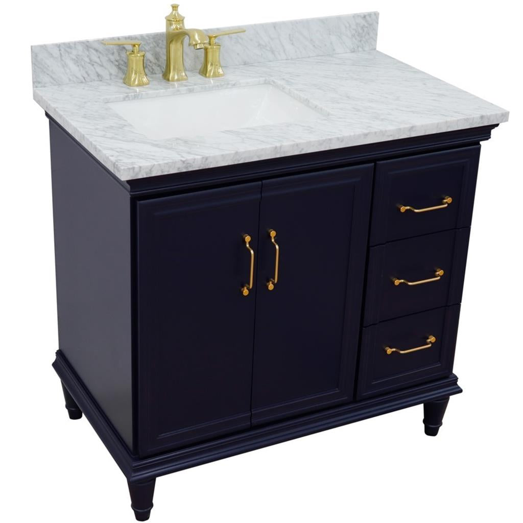 Bellaterra Forli 37" Single Vanity, Blue, White Carrara Marble Top/Rectangle Sink, Left Door/Left Sink