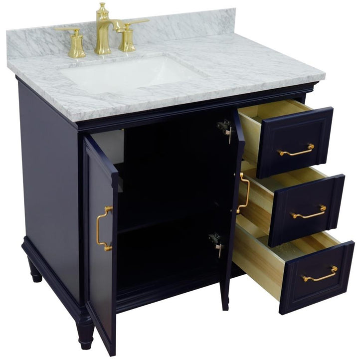 Bellaterra Forli 37" Single Vanity, Blue, White Carrara Marble Top/Rectangle Sink, Left Door/Left Sink