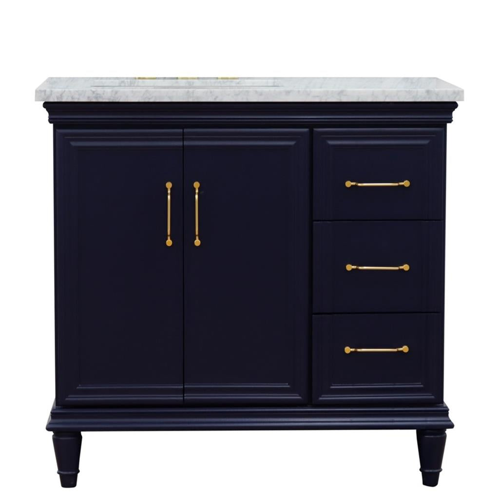 Bellaterra Forli 37" Single Vanity, Blue, White Carrara Marble Top/Rectangle Sink, Left Door/Left Sink