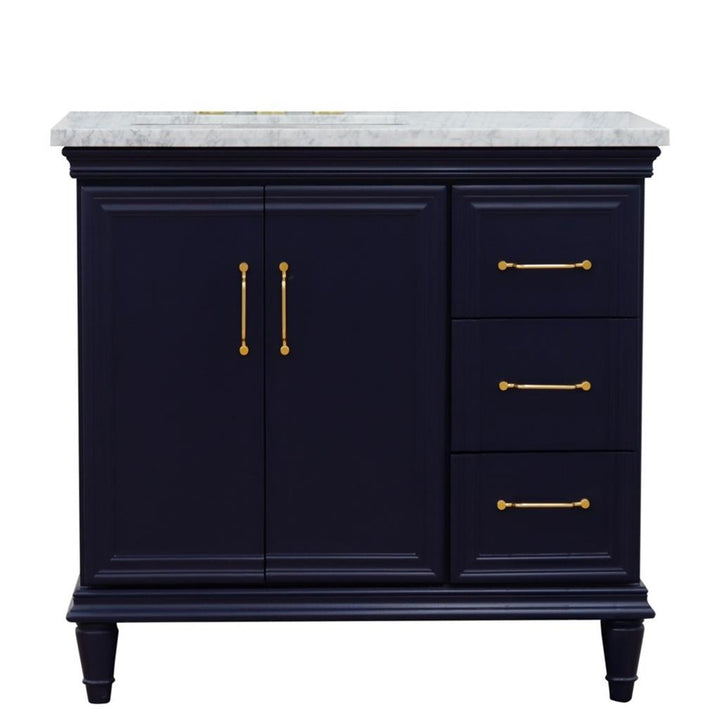 Bellaterra Forli 37" Single Vanity, Blue, White Carrara Marble Top/Rectangle Sink, Left Door/Left Sink