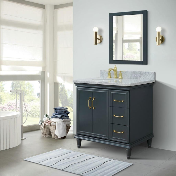 Bellaterra Forli 37" Single Vanity, Dark Gray, White Carrara Marble Top/Oval Sink, Left Door/Left Sink