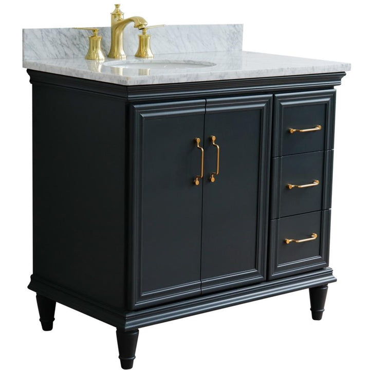 Bellaterra Forli 37" Single Vanity, Dark Gray, White Carrara Marble Top/Oval Sink, Left Door/Left Sink