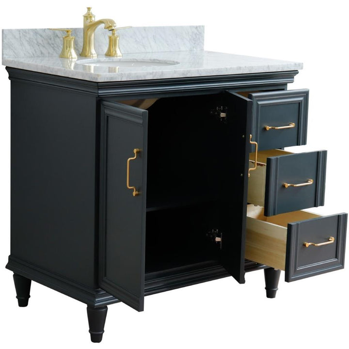 Bellaterra Forli 37" Single Vanity, Dark Gray, White Carrara Marble Top/Oval Sink, Left Door/Left Sink