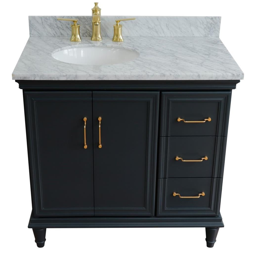 Bellaterra Forli 37" Single Vanity, Dark Gray, White Carrara Marble Top/Oval Sink, Left Door/Left Sink