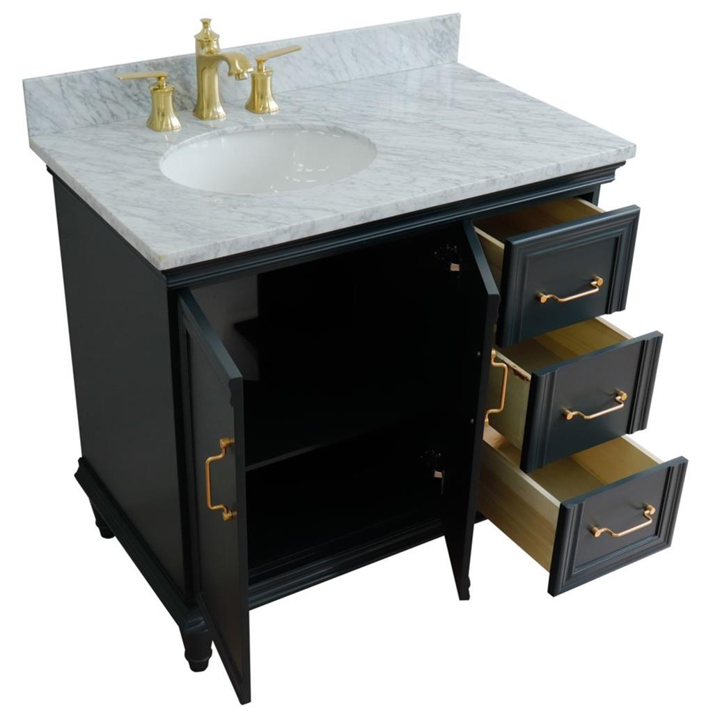 Bellaterra Forli 37" Single Vanity, Dark Gray, White Carrara Marble Top/Oval Sink, Left Door/Left Sink