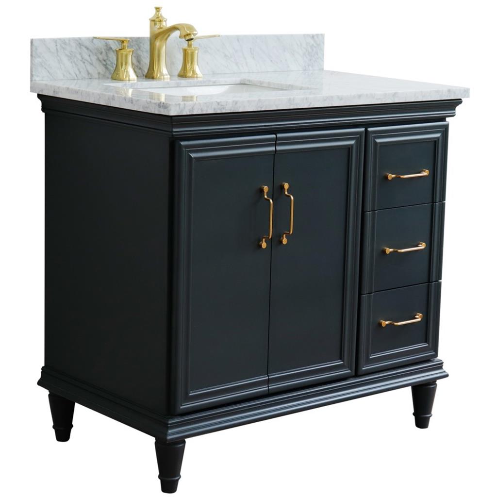 Bellaterra Forli 37" Single Vanity, Dark Gray, White Carrara Marble Top/Rectangle Sink, Left Door/Left Sink