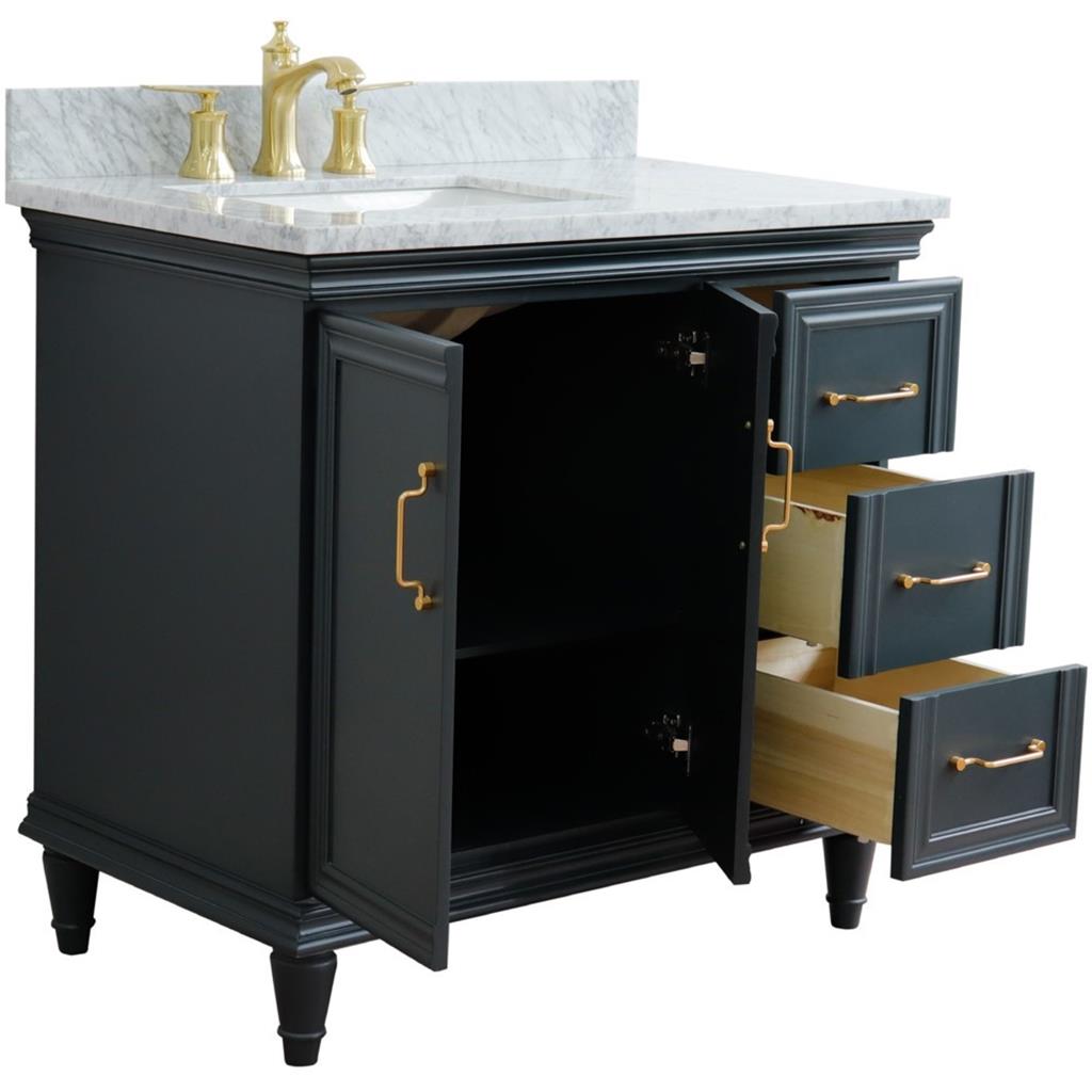 Bellaterra Forli 37" Single Vanity, Dark Gray, White Carrara Marble Top/Rectangle Sink, Left Door/Left Sink