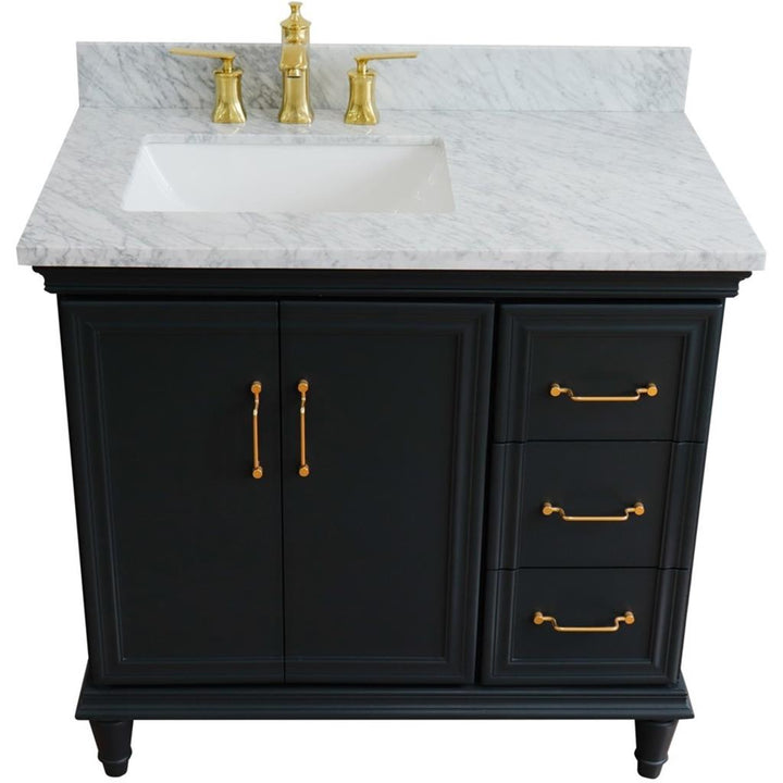 Bellaterra Forli 37" Single Vanity, Dark Gray, White Carrara Marble Top/Rectangle Sink, Left Door/Left Sink