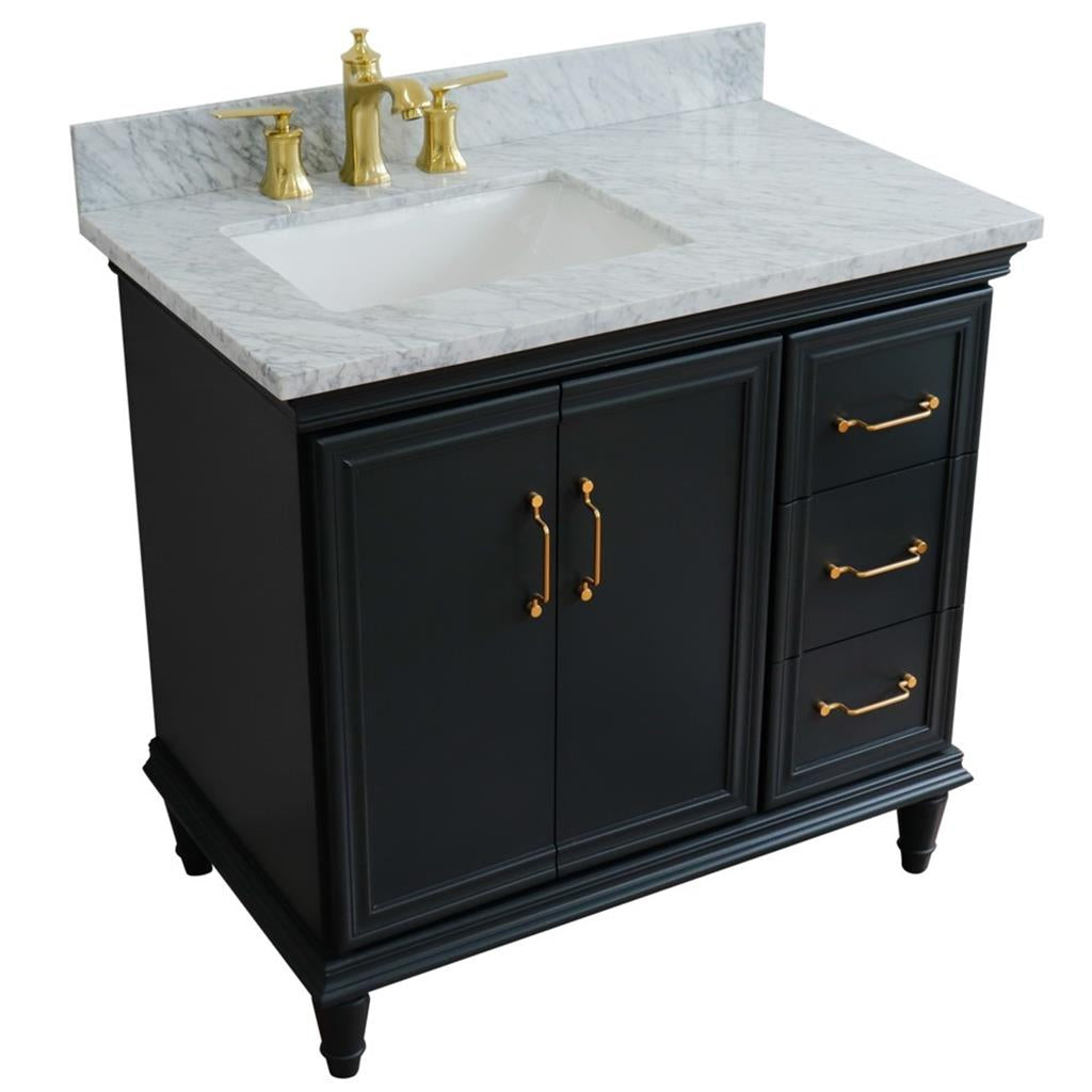 Bellaterra Forli 37" Single Vanity, Dark Gray, White Carrara Marble Top/Rectangle Sink, Left Door/Left Sink