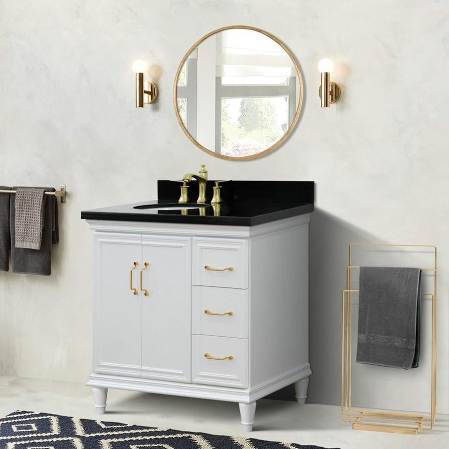 Bellaterra Home Forli 36" White Vanity, Door on Left, Oval Sink Black Galaxy Granite#top-options_black-galaxy-granite