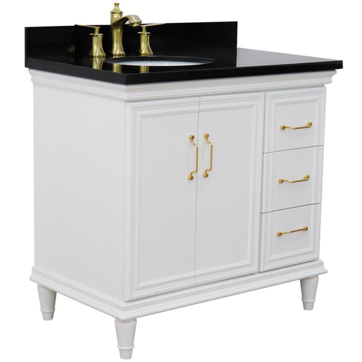 Bellaterra Forli 37" Single Vanity, White, Black Galaxy Granite Top/Oval Sink, Left Door/Left Sink