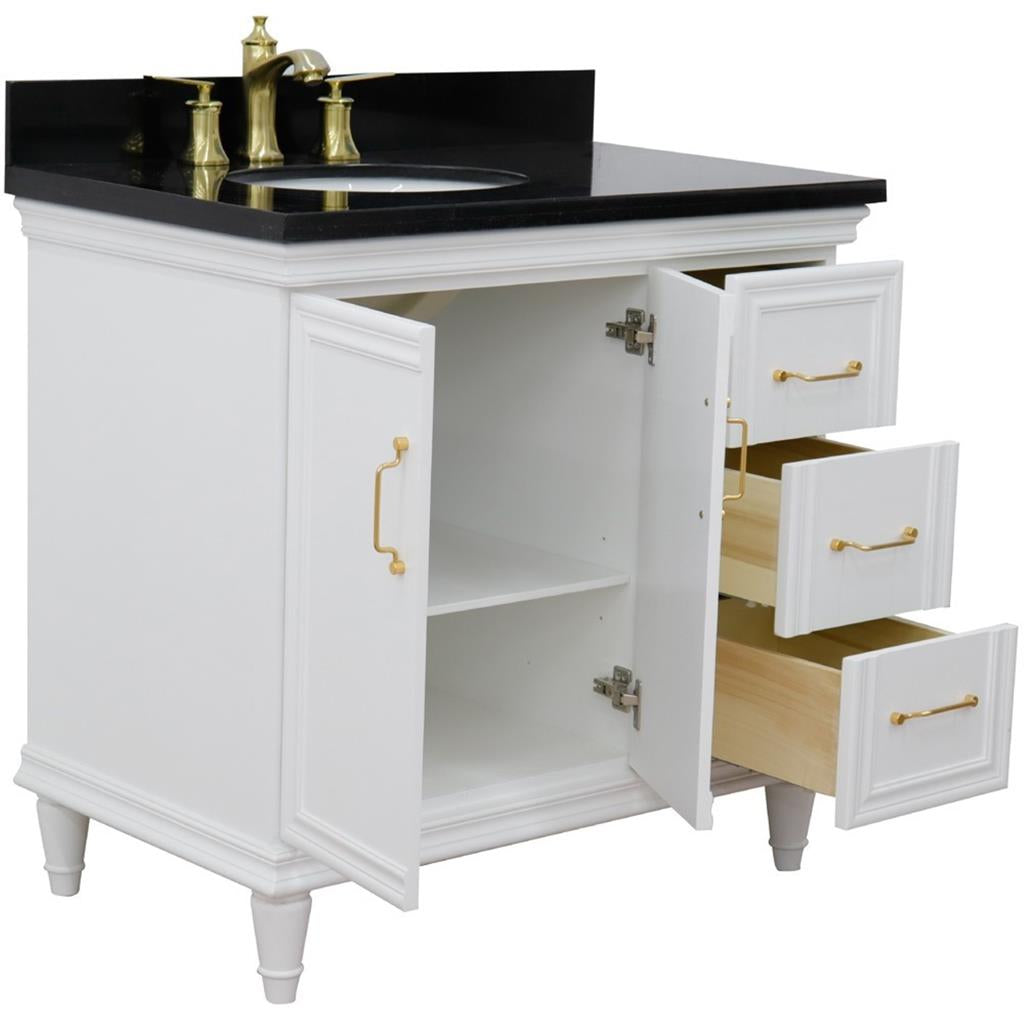 Bellaterra Forli 37" Single Vanity, White, Black Galaxy Granite Top/Oval Sink, Left Door/Left Sink