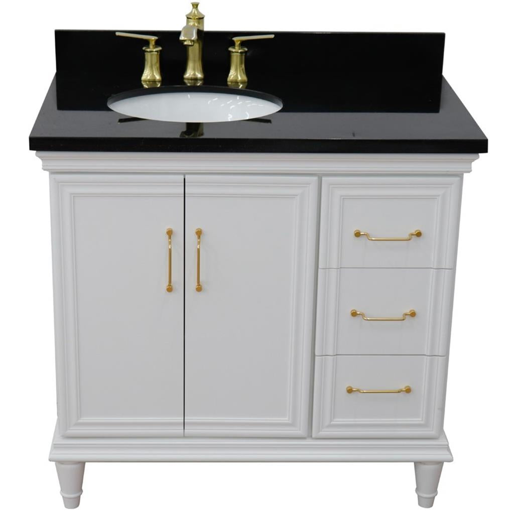 Bellaterra Forli 37" Single Vanity, White, Black Galaxy Granite Top/Oval Sink, Left Door/Left Sink