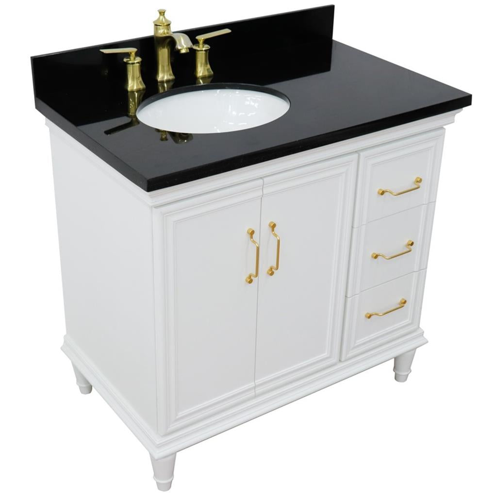 Bellaterra Forli 37" Single Vanity, White, Black Galaxy Granite Top/Oval Sink, Left Door/Left Sink