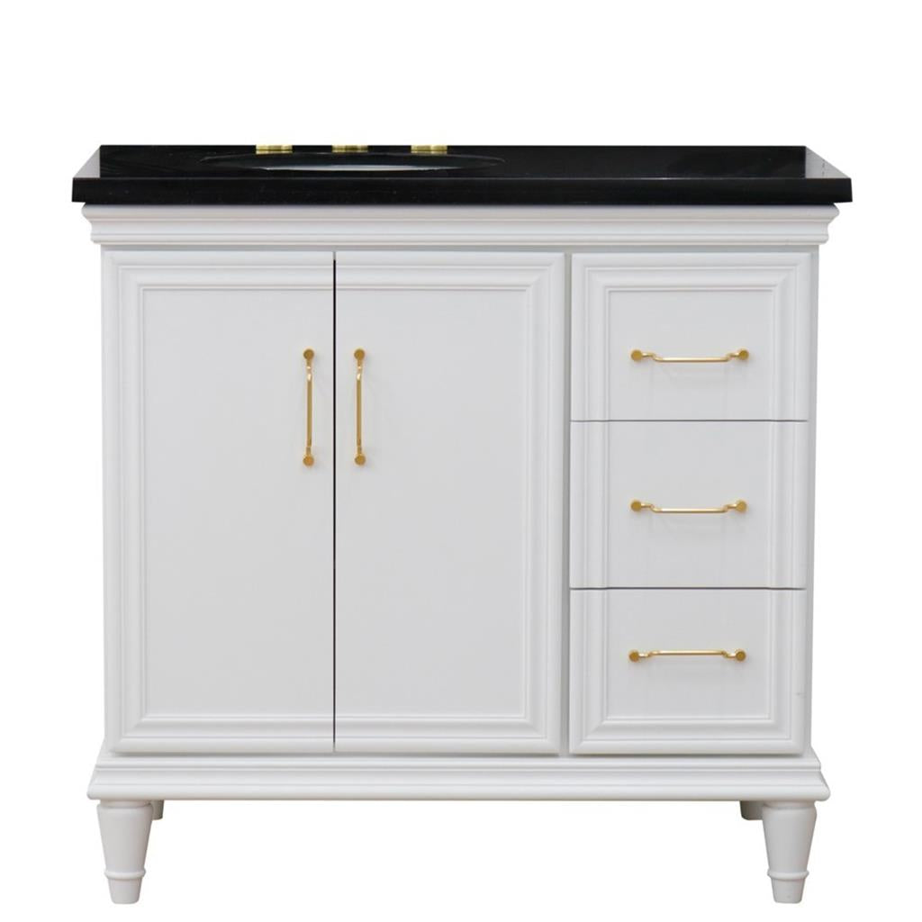 Bellaterra Forli 37" Single Vanity, White, Black Galaxy Granite Top/Oval Sink, Left Door/Left Sink