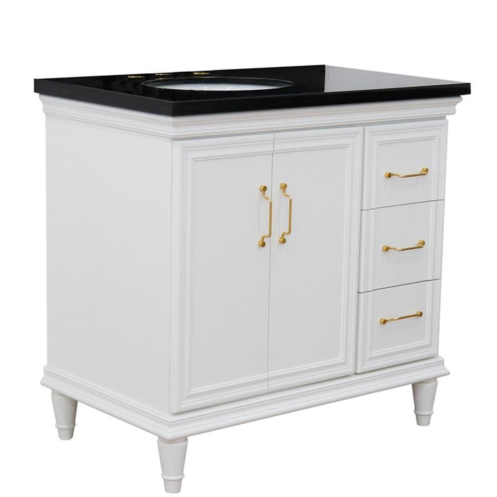 Bellaterra Forli 37" Single Vanity, White, Black Galaxy Granite Top/Oval Sink, Left Door/Left Sink