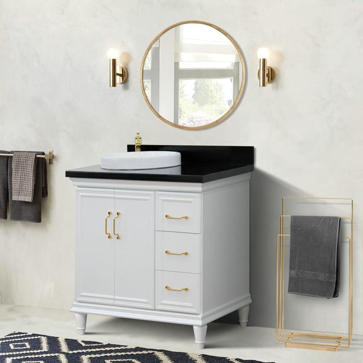 Bellaterra Forli 37" Single Vanity, White, Black Galaxy Granite Top/Round Sink, Left Door/Left Sink