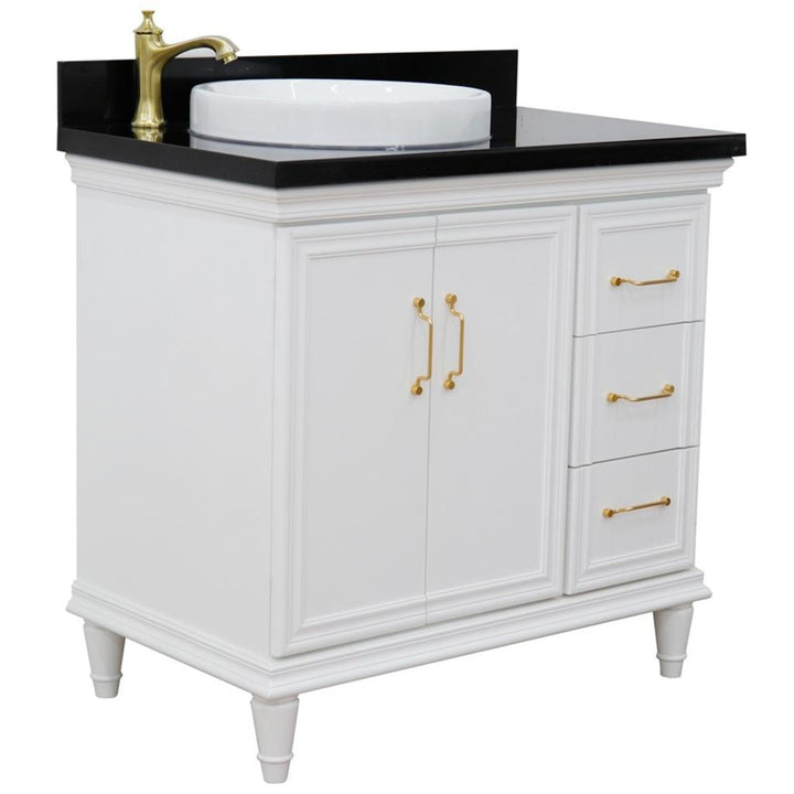 Bellaterra Forli 37" Single Vanity, White, Black Galaxy Granite Top/Round Sink, Left Door/Left Sink