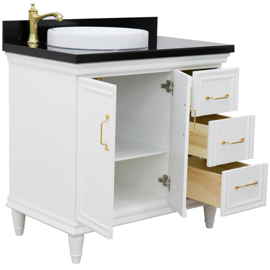 Bellaterra Forli 37" Single Vanity, White, Black Galaxy Granite Top/Round Sink, Left Door/Left Sink