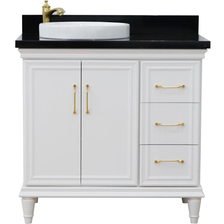 Bellaterra Forli 37" Single Vanity, White, Black Galaxy Granite Top/Round Sink, Left Door/Left Sink