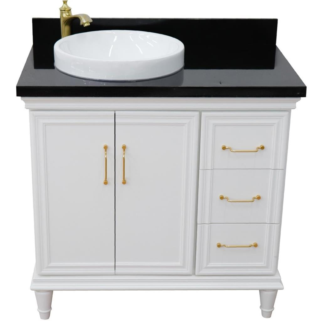 Bellaterra Forli 37" Single Vanity, White, Black Galaxy Granite Top/Round Sink, Left Door/Left Sink