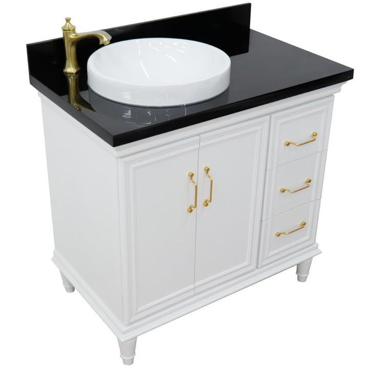 Bellaterra Forli 37" Single Vanity, White, Black Galaxy Granite Top/Round Sink, Left Door/Left Sink