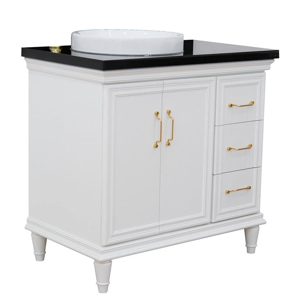 Bellaterra Forli 37" Single Vanity, White, Black Galaxy Granite Top/Round Sink, Left Door/Left Sink