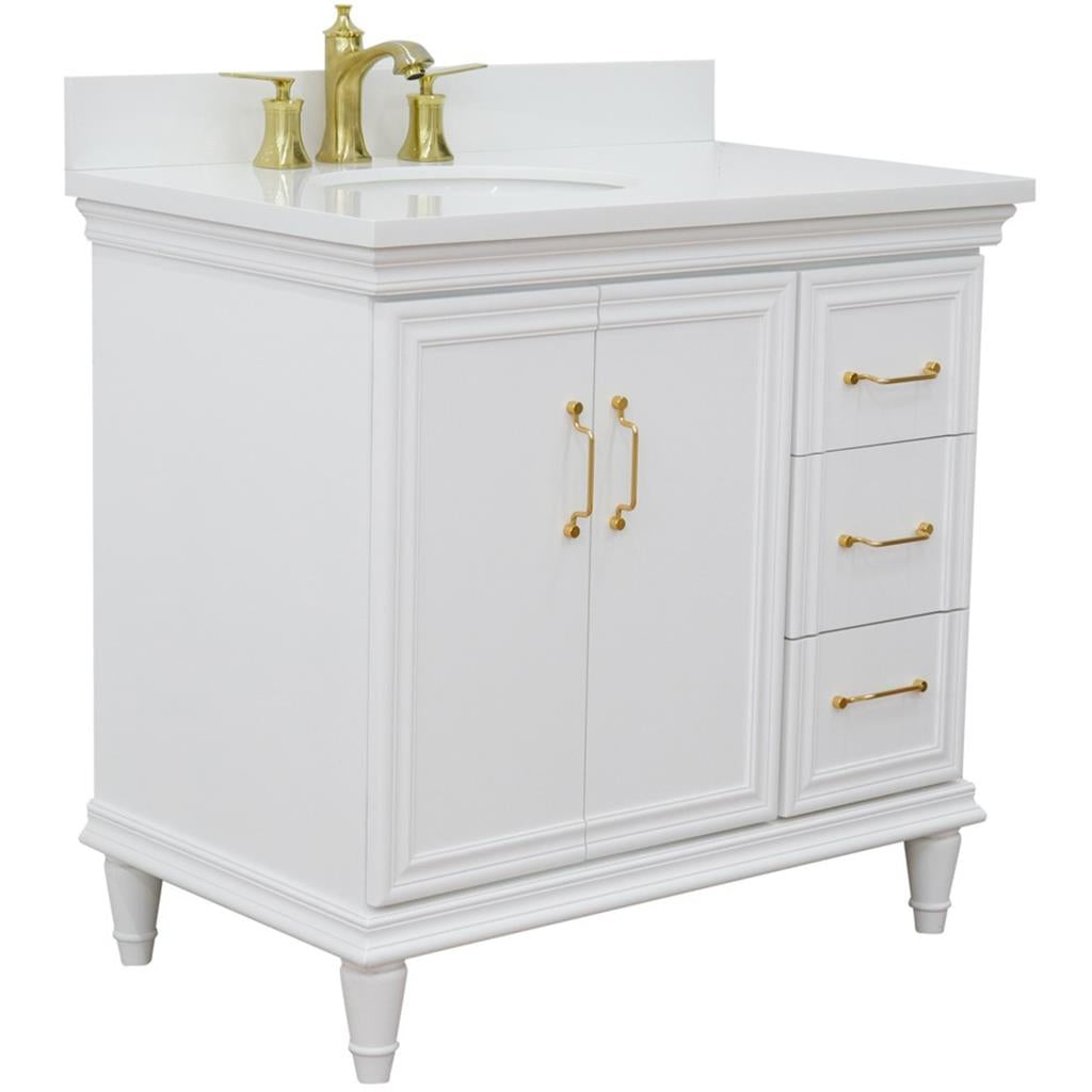 Bellaterra Forli 37" Single Vanity, White, White Quartz Top/Oval Sink, Left Door/Left Sink