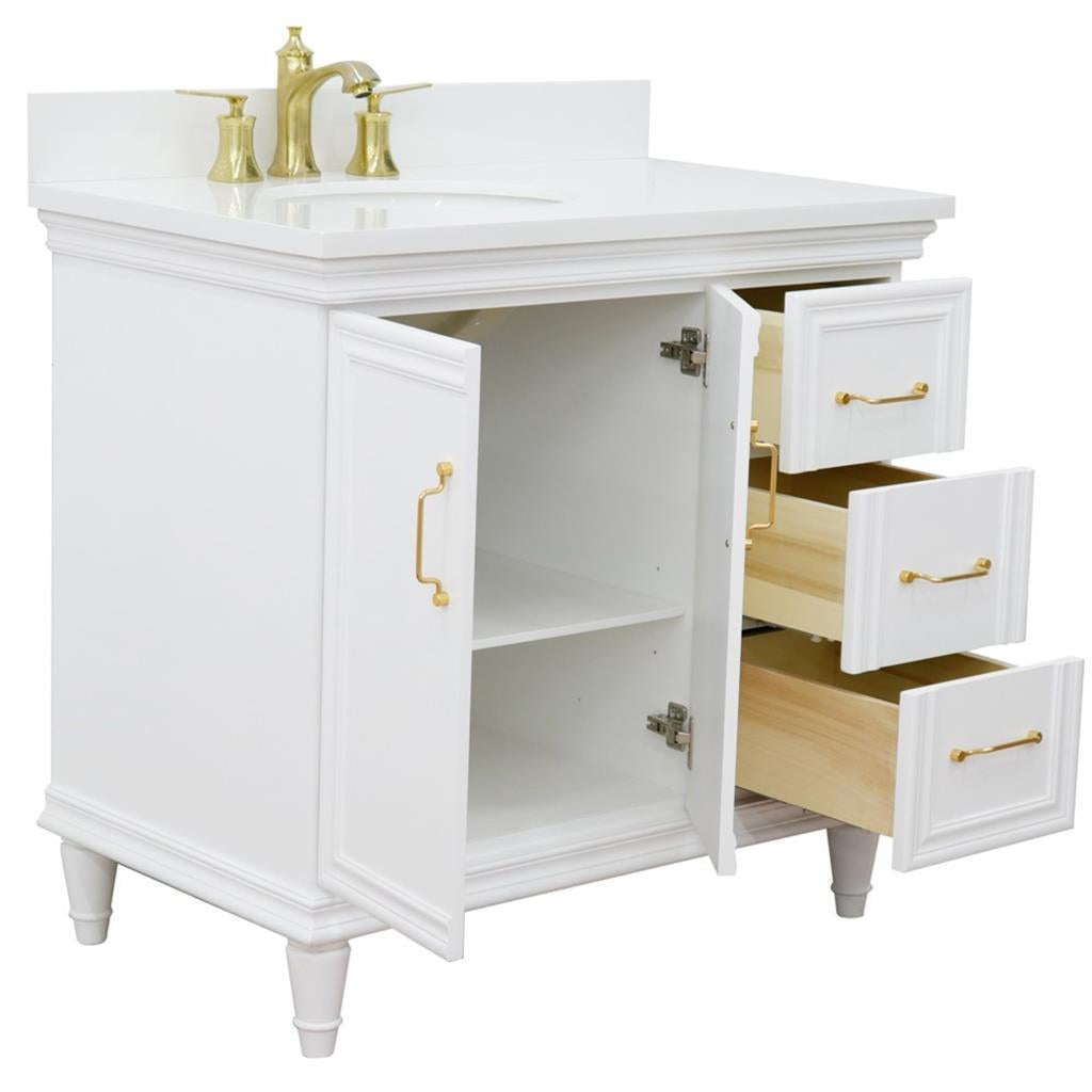 Bellaterra Forli 37" Single Vanity, White, White Quartz Top/Oval Sink, Left Door/Left Sink