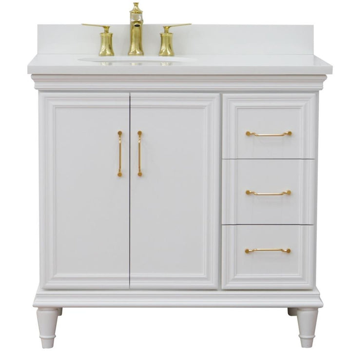 Bellaterra Forli 37" Single Vanity, White, White Quartz Top/Oval Sink, Left Door/Left Sink