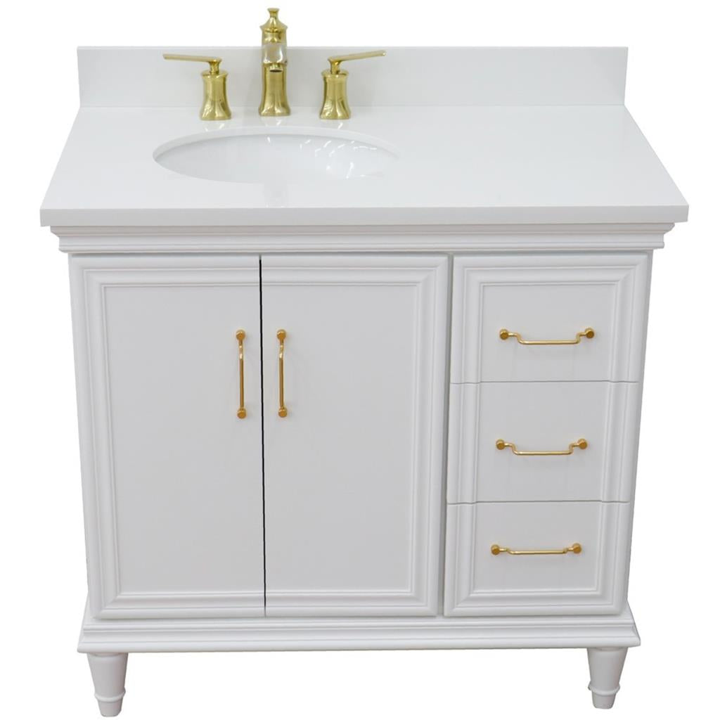 Bellaterra Forli 37" Single Vanity, White, White Quartz Top/Oval Sink, Left Door/Left Sink