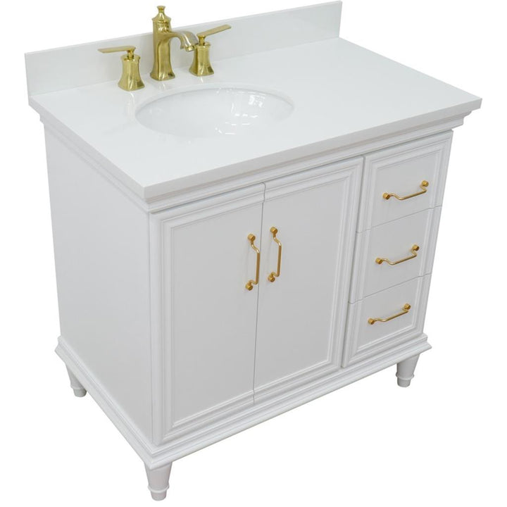 Bellaterra Forli 37" Single Vanity, White, White Quartz Top/Oval Sink, Left Door/Left Sink