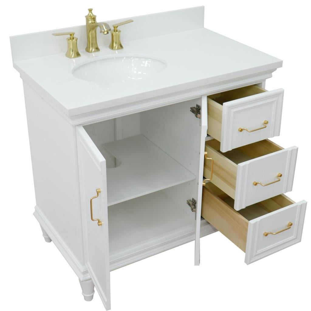 Bellaterra Forli 37" Single Vanity, White, White Quartz Top/Oval Sink, Left Door/Left Sink