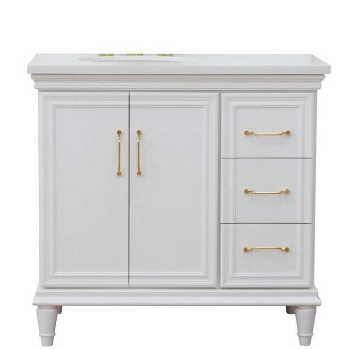 Bellaterra Forli 37" Single Vanity, White, White Quartz Top/Oval Sink, Left Door/Left Sink