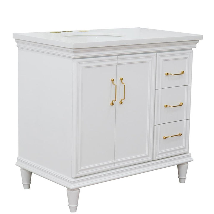 Bellaterra Forli 37" Single Vanity, White, White Quartz Top/Oval Sink, Left Door/Left Sink