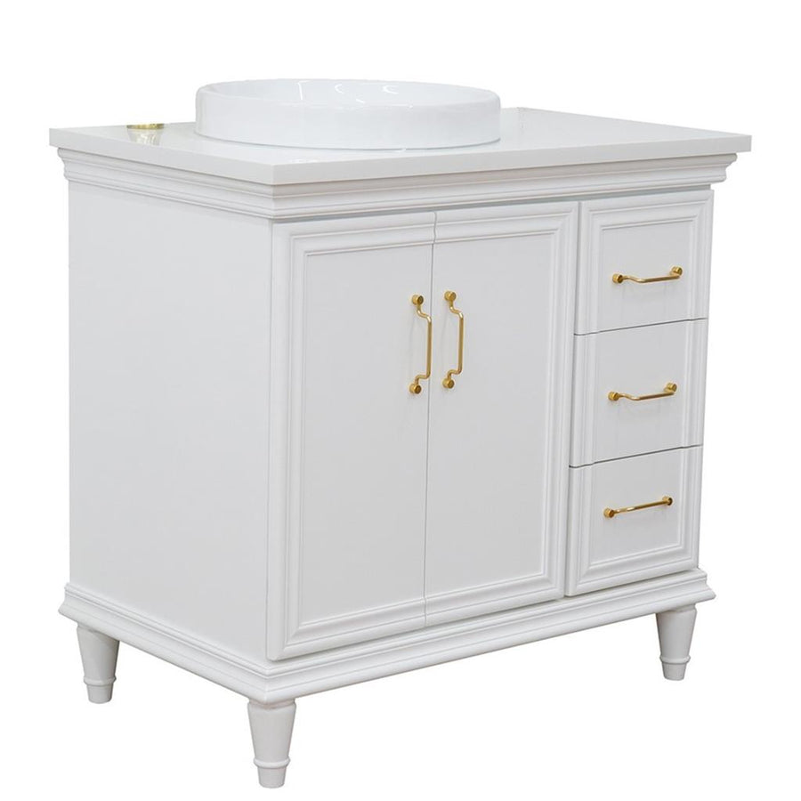 Bellaterra Forli 37" Single Vanity, White, White Quartz Top/Round Sink, Left Door/Left Sink