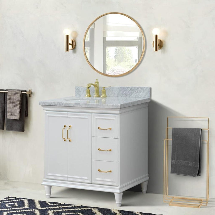 Bellaterra Forli 37" Single Vanity, White, White Carrara Marble Top/Oval Sink, Left Door/Left Sink