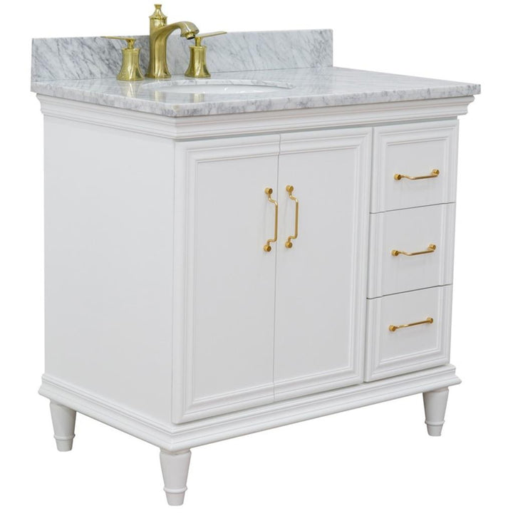 Bellaterra Forli 37" Single Vanity, White, White Carrara Marble Top/Oval Sink, Left Door/Left Sink