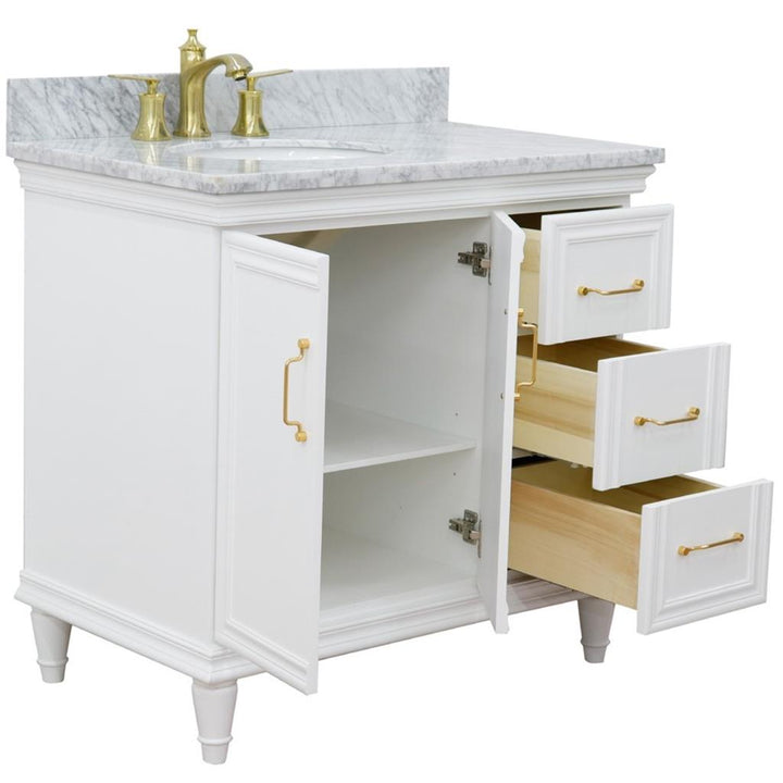 Bellaterra Forli 37" Single Vanity, White, White Carrara Marble Top/Oval Sink, Left Door/Left Sink