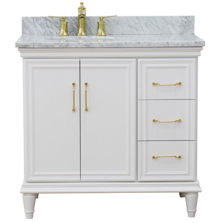 Bellaterra Forli 37" Single Vanity, White, White Carrara Marble Top/Oval Sink, Left Door/Left Sink