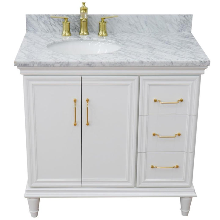 Bellaterra Forli 37" Single Vanity, White, White Carrara Marble Top/Oval Sink, Left Door/Left Sink