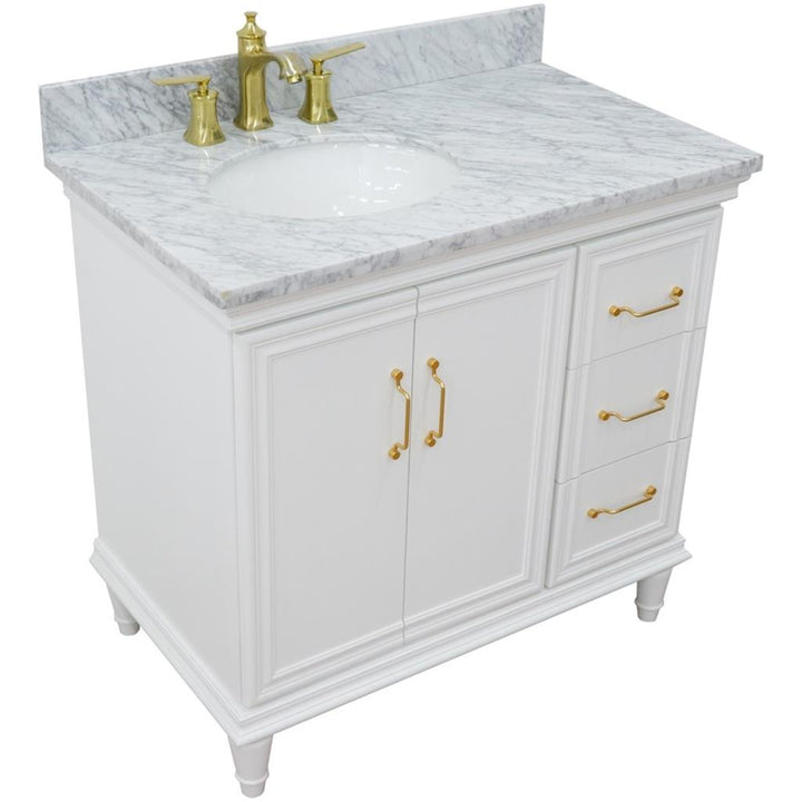 Bellaterra Forli 37" Single Vanity, White, White Carrara Marble Top/Oval Sink, Left Door/Left Sink