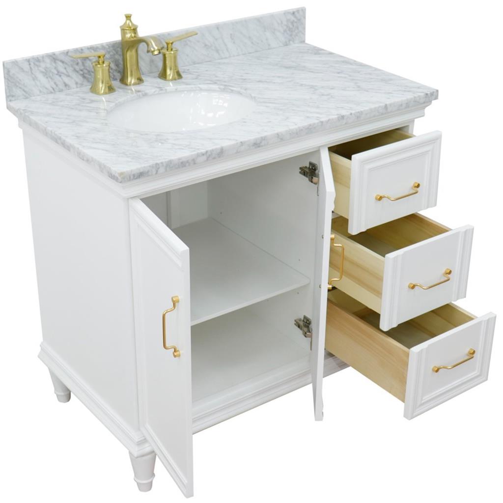 Bellaterra Forli 37" Single Vanity, White, White Carrara Marble Top/Oval Sink, Left Door/Left Sink