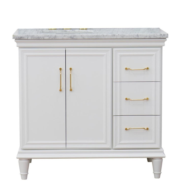 Bellaterra Forli 37" Single Vanity, White, White Carrara Marble Top/Oval Sink, Left Door/Left Sink